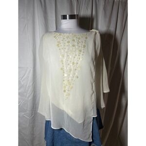 Misope Cream Embellished Sequin Cape Sleeve Asymmetrical Blouse Top Medium